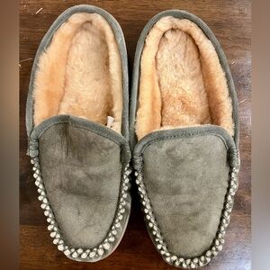 L.L. Bean Green Suede Slippers with Shearling Lining